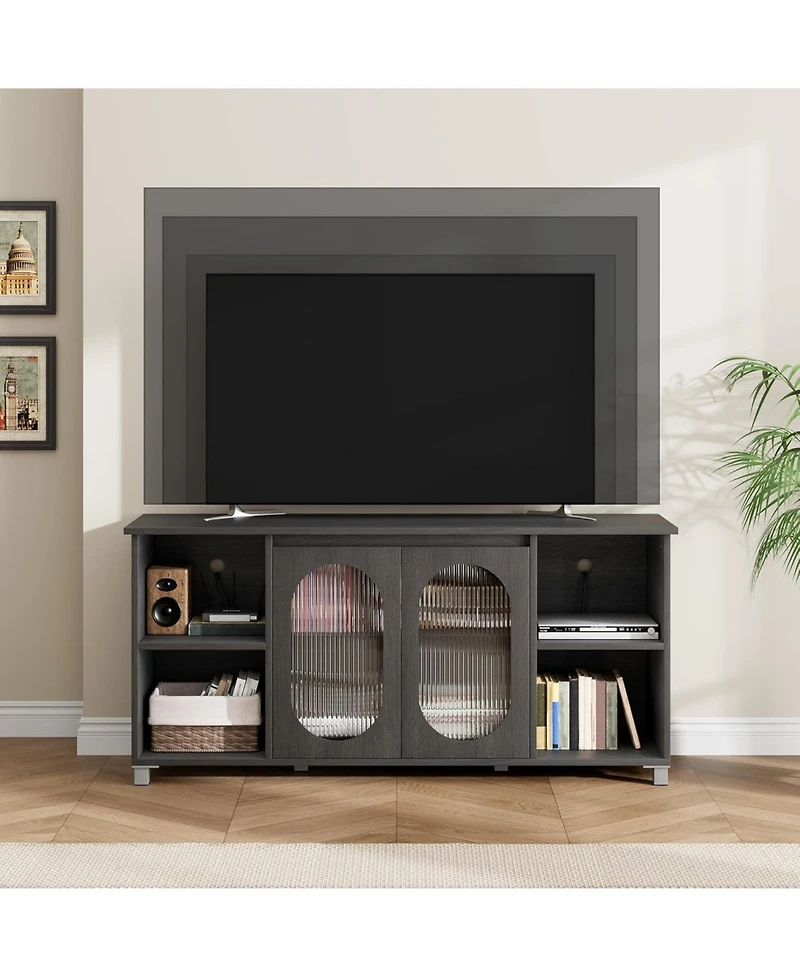 gaomon 70 Inch Tv Stand with Corrugated Glass Doors, Rustic Entertainment Center for Living Room