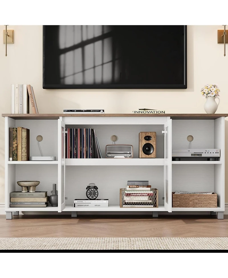 gaomon 70 Inch Tv Stand with Corrugated Glass Doors, Rustic Entertainment Center for Living Room