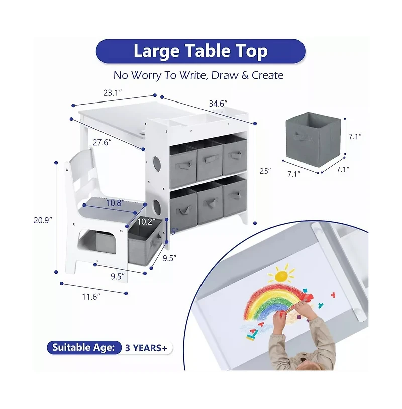 Kinder King 3-in-1 Kids Table and 2 Chairs Set with Storage, Removable Top Chalkboard for Art, Crafts, Reading