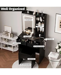 Gaomon Black 2-Drawer Vanity Desk Set, Lighted Makeup Table with Power Outlet, Usb Ports & Stool