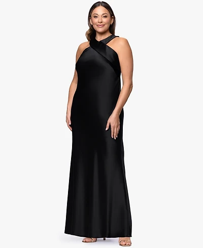 Xscape Plus Satin Tie Neck Ball Gown