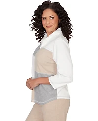 Alfred Dunner Petite Quarter Zip Collared Patchwork Top
