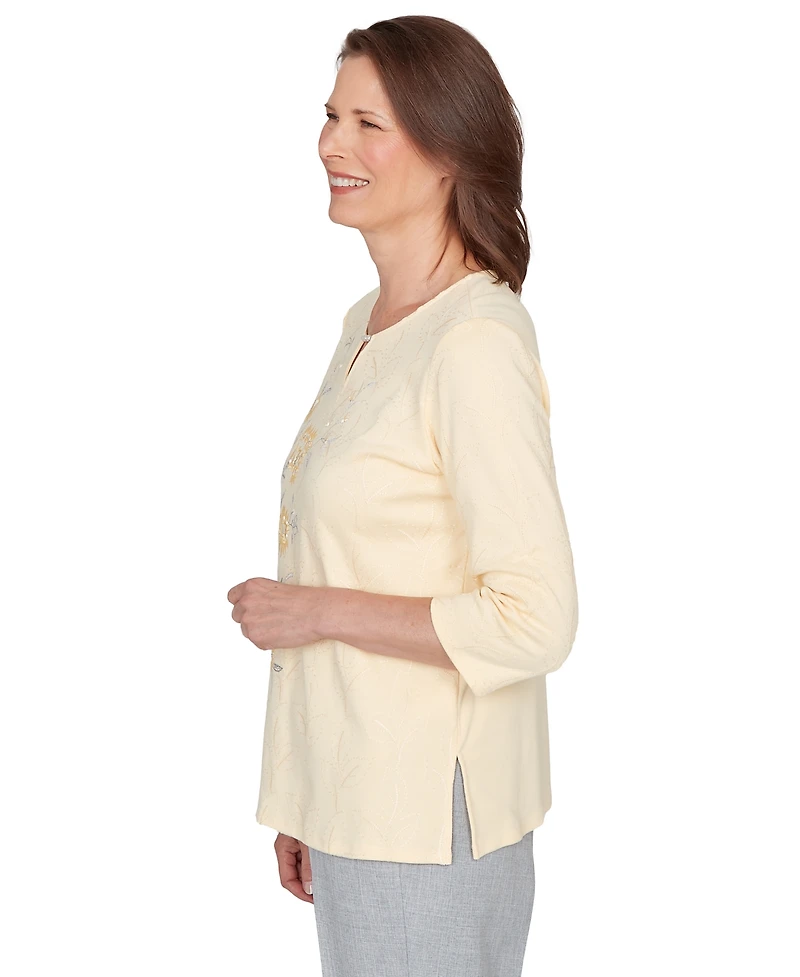 Alfred Dunner Petite Asymmetrical Floral Embroidered Split Neck Top