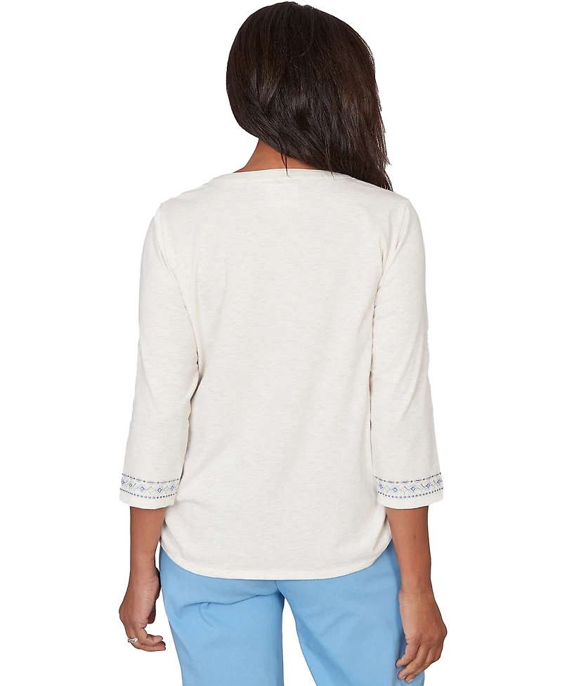 Alfred Dunner Petite Medallion Embroidered Ruched Split Neck Henley Top