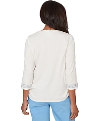 Alfred Dunner Petite Medallion Embroidered Ruched Split Neck Henley Top