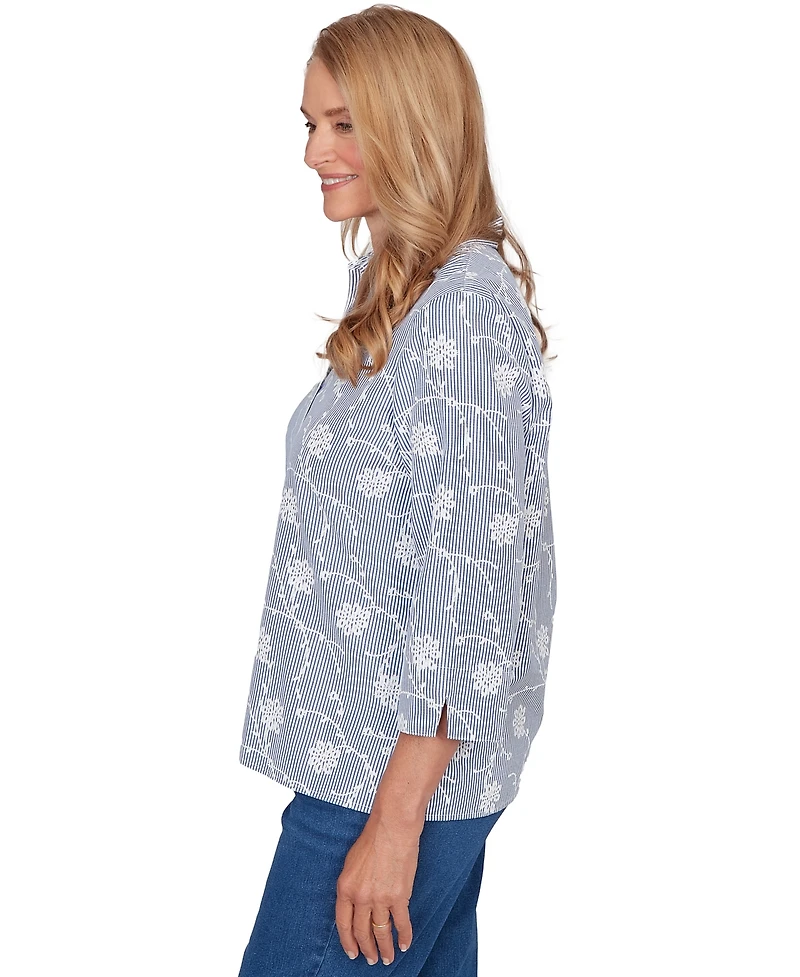 Alfred Dunner Petite Classics Puff Print Pinstripe Embroidered Collared Top