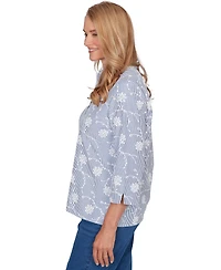 Alfred Dunner Petite Classics Puff Print Pinstripe Embroidered Collared Top