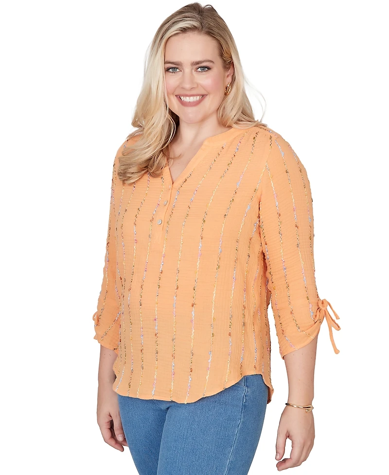 Alfred Dunner Petite Eyelash Gauze Textured Tie Sleeve Split Neck Top