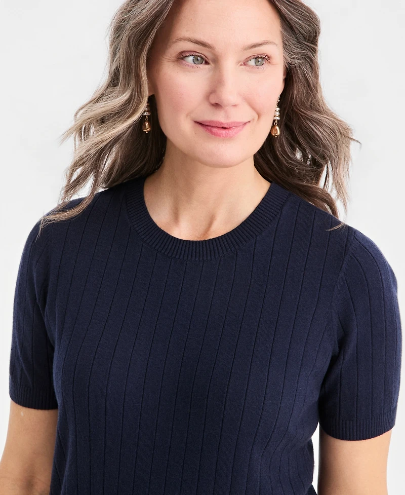 Style & Co Women's Ribbed Crewneck Short-Sleeve Sweater, Macy's Exclusive