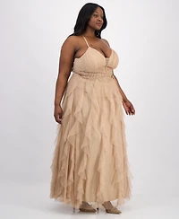 pear culture Trendy Plus Glitter-Mesh Lace-Up-Back Gown