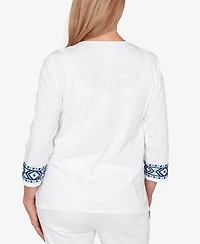 Alfred Dunner Petite Mykonos Scroll Embroidered V-Neck Top