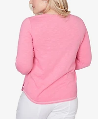 Alfred Dunner Petite The Royal Treatment Embroidered Split Neck Three Quarter Sleeve Top