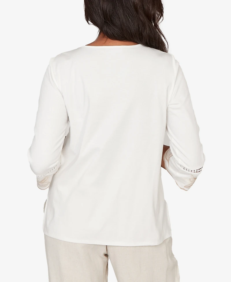 Alfred Dunner Petite Natural Wonder Embellished Leaf Ruffle Sleeve Top