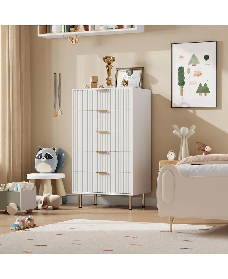 gaomon Fluted 5 Drawer Storage Dresser, Tall Chest with Deep Drawers and Wide Top, Wooden Organizer for Living Room or Kids