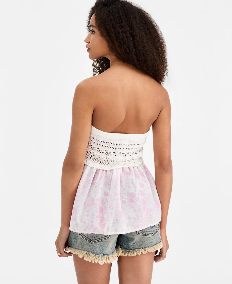 Madden Girl Juniors' Strapless Crochet Sweater Peplum Top