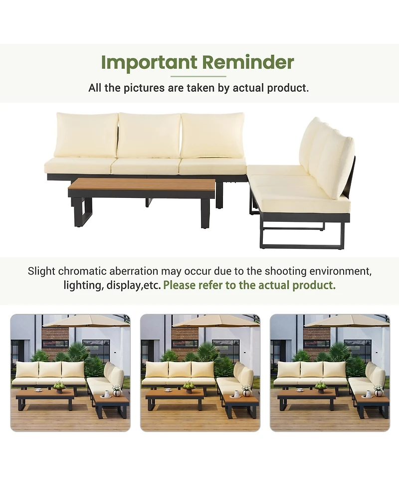 Flynama Outdoor Sectional Sofa Set with Adjustable Reclining Seats Patio Conversation Daybed Beige Cushions for Backyard Poolside Balcony