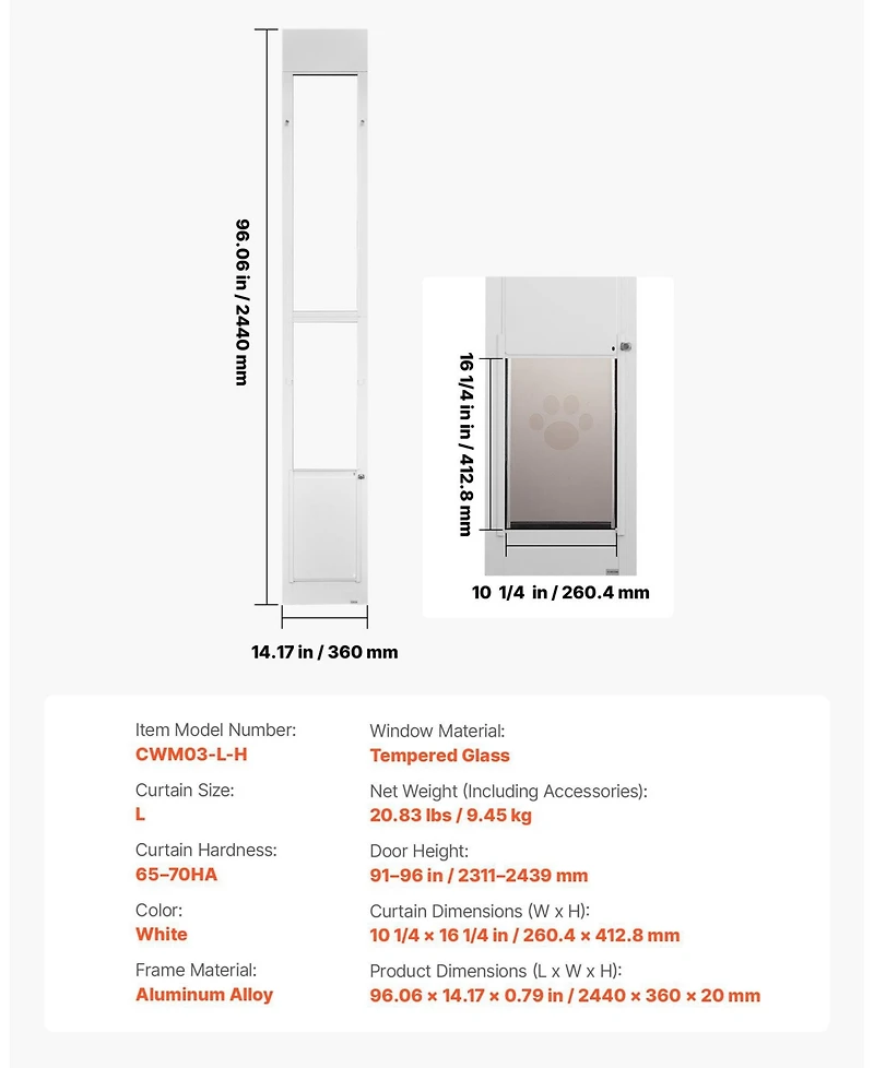 Cozito Sliding Glass Door Pet Door Insert, Adjustable Height 91–96", Locking Frame, 10.25" x 16.25" Flap