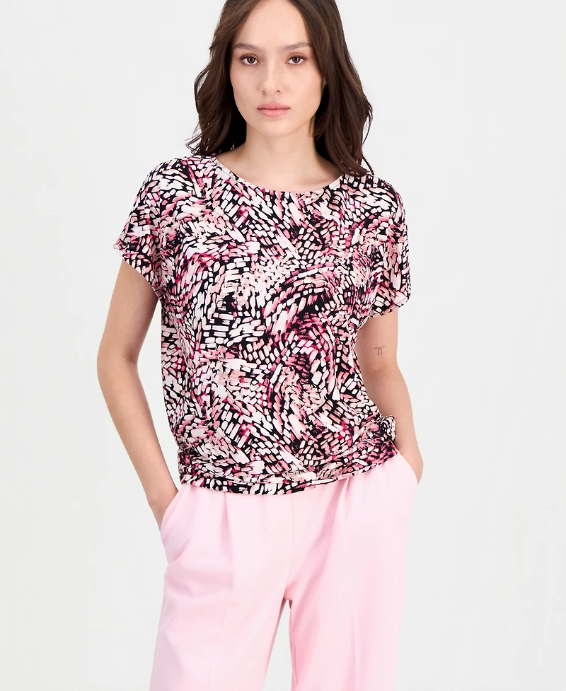 Anne Klein Essentials Petite Printed Short-Sleeve Banded-Hem Top