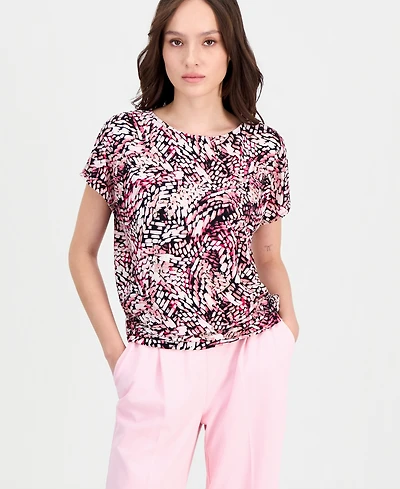 Anne Klein Essentials Petite Printed Short-Sleeve Banded-Hem Top