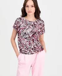 Anne Klein Essentials Petite Printed Short-Sleeve Banded-Hem Top