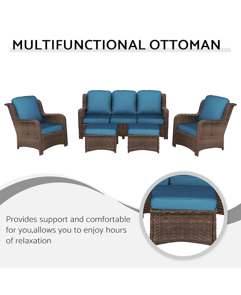Flynama 5 Piece Rattan Outdoor Sectional Conversation Set 3 Seat Couch 2 Single Chairs 2 Ottomans Bron Peacock Blue for Lawn Balcony Garden Backyard