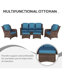 Flynama 5 Piece Rattan Outdoor Sectional Conversation Set 3 Seat Couch 2 Single Chairs 2 Ottomans Bron Peacock Blue for Lawn Balcony Garden Backyard