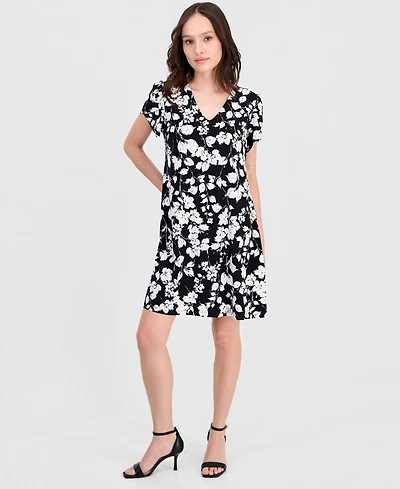 Anne Klein Essentials Petite Tulip-Sleeve Printed Swing Dress