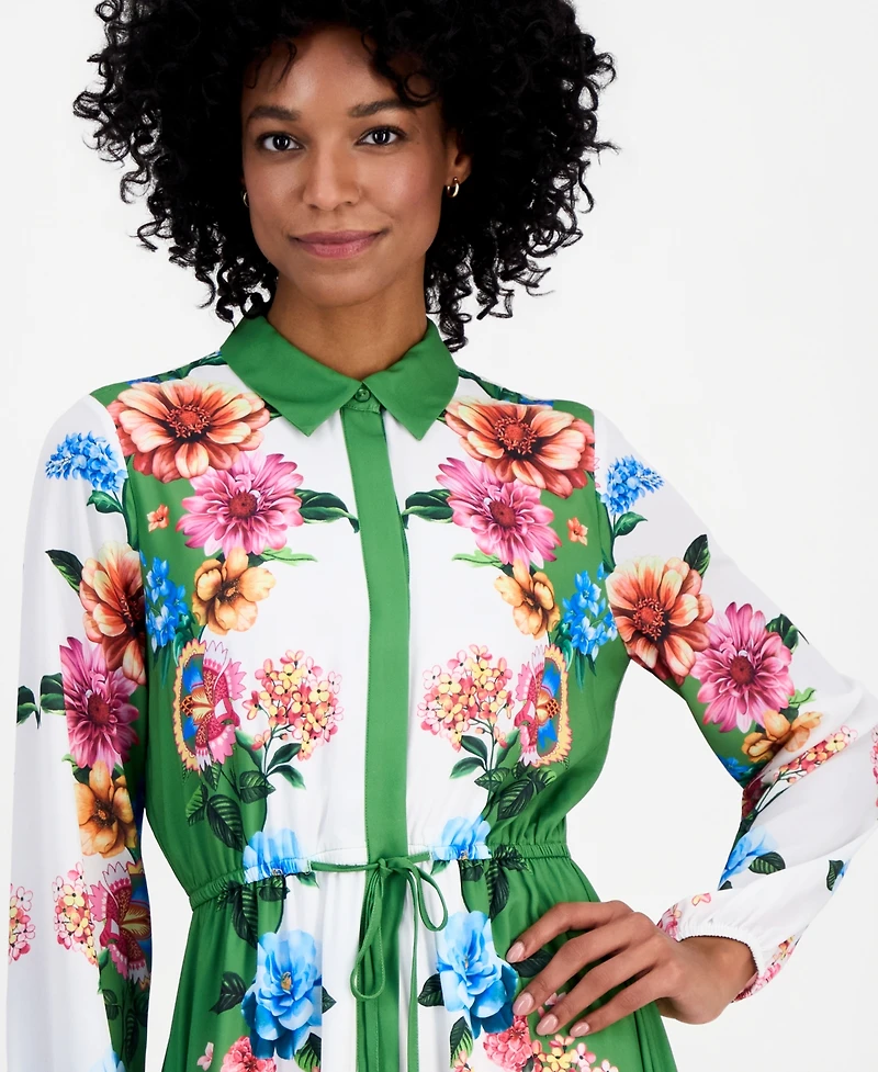 T Tahari Women's Drawstring-Waist Midi Shirtdress