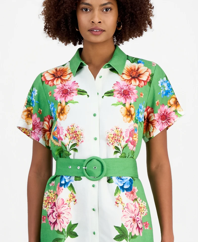 T Tahari Women's Printed Belted Button-Front Midi Dress