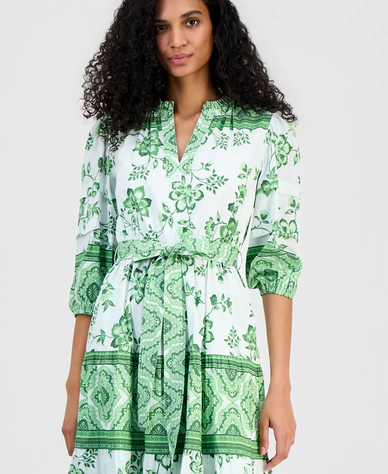 T Tahari Women's Split-Neck Tiered Dress