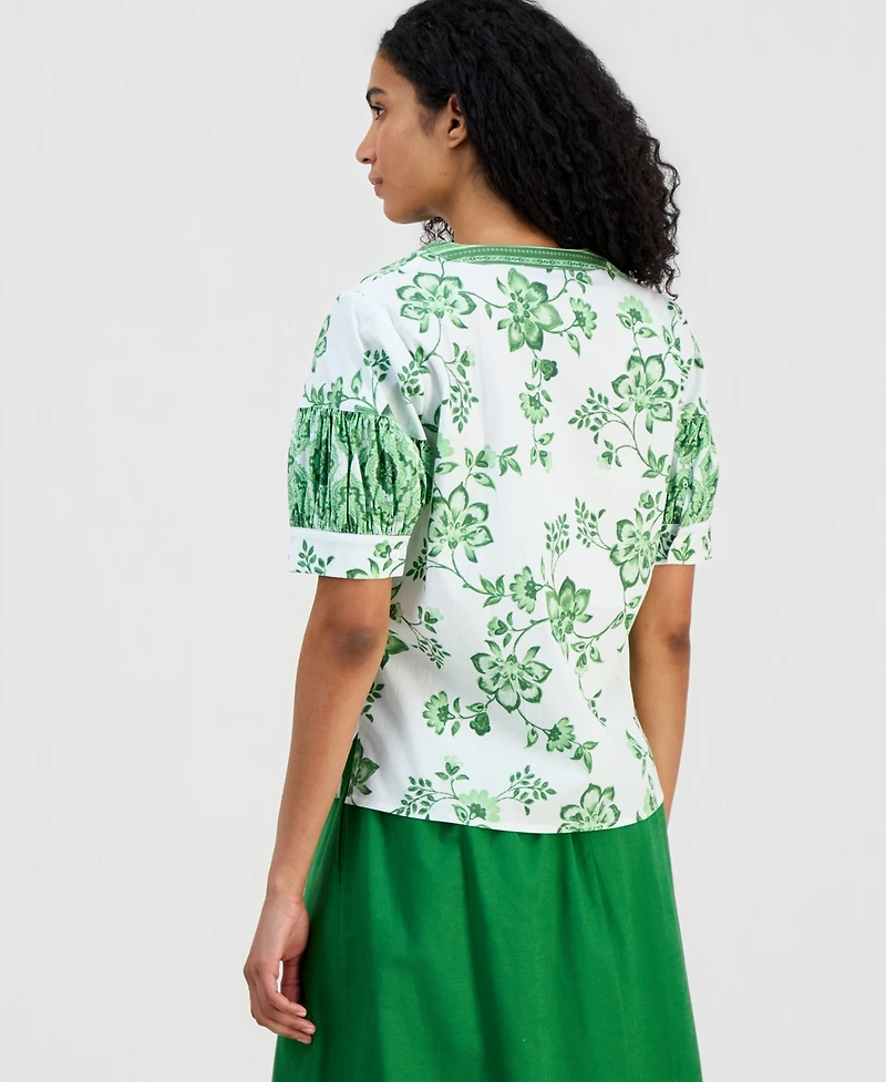 T Tahari Women's Split-Neck Puffed-Sleeve Top