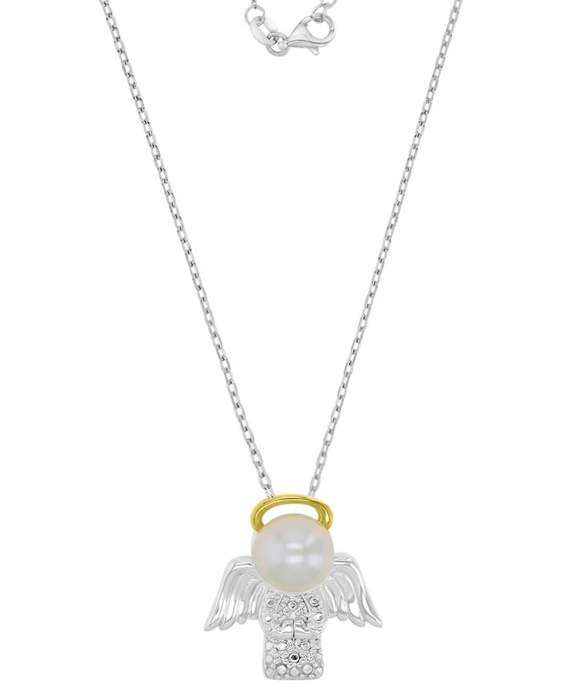 Macy's Diamond (0.01 ct. t.w.) & Imitation Pearl Angel Necklace in 14K yellow gold over sterling silver