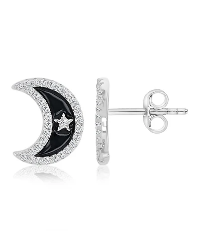Macy's Created White Sapphire and Black Enamel Half Moon Stud Earrings in Rhodium Over Sterling Silver