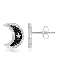 Macy's Created White Sapphire and Black Enamel Half Moon Stud Earrings in Rhodium Over Sterling Silver