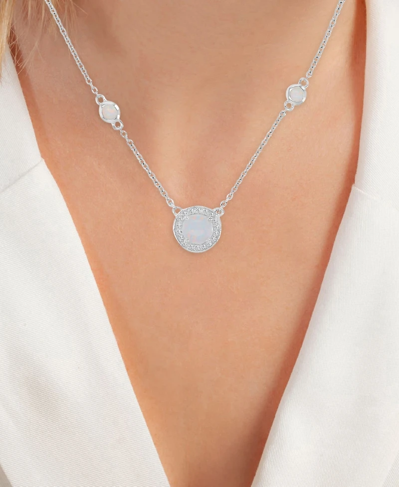 Macy's White Sapphire (0.108 ct. t.w.) & Opal (7mm) Necklace in Rhodium Over Sterling Silver