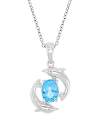 Macy's Diamond (0.006 ct. t.w.) and Swiss Blue Topaz (1 ct. t.w.) Duo Dolphins Necklace in Rhodium Over Sterling Silver