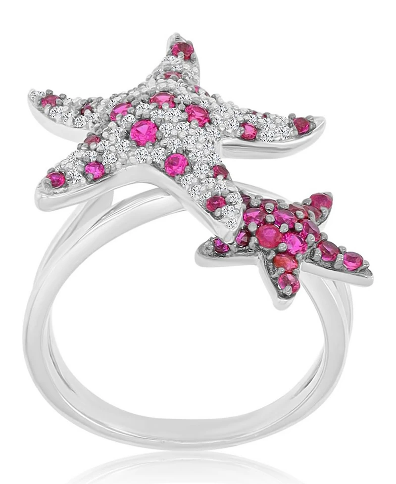 Macy's Ruby (0.88 ct. t.w.) & Created Sapphire (0.43 Duo Star Fish Ring Rhodium Over Sterling Silver