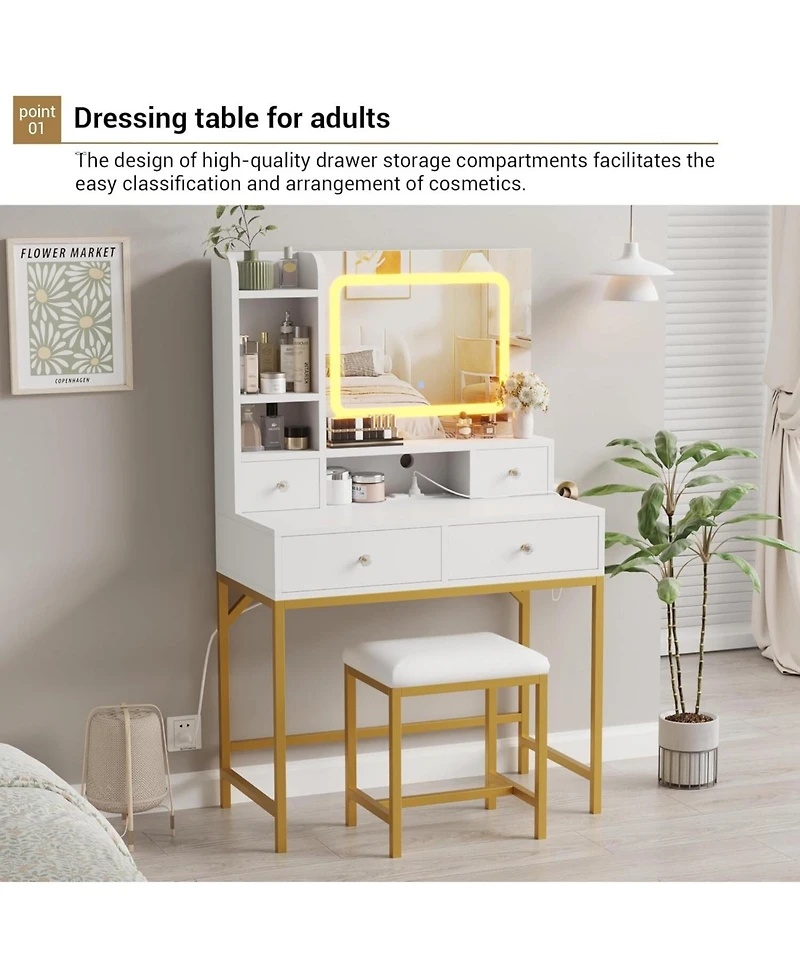 Gaomon White 4-Drawer Lighted Mirror Vanity, Practical Makeup Table for Bedroom Storage