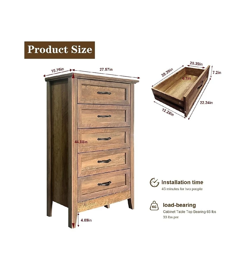 gaomon 5-Drawer Wood Metal Handles Tall Chest of Drawers