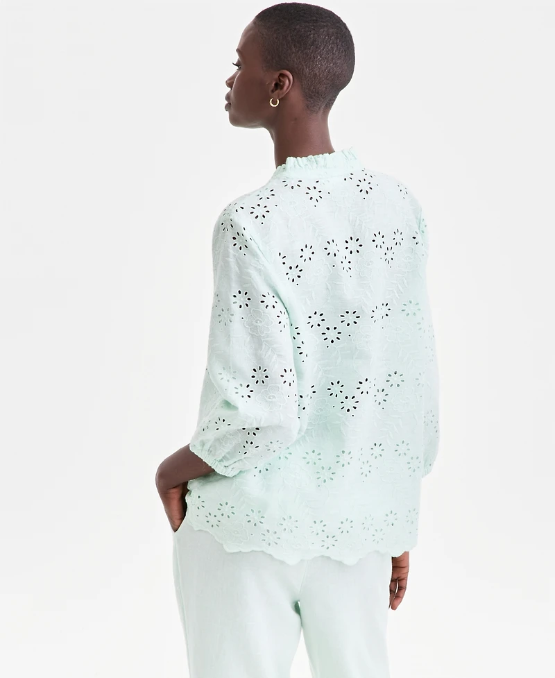 Charter Club Women's 100% Linen Eyelet-Embroidered Blouson-Sleeve Top, Macy's Exclusive