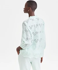 Charter Club Women's 100% Linen Eyelet-Embroidered Blouson-Sleeve Top, Macy's Exclusive
