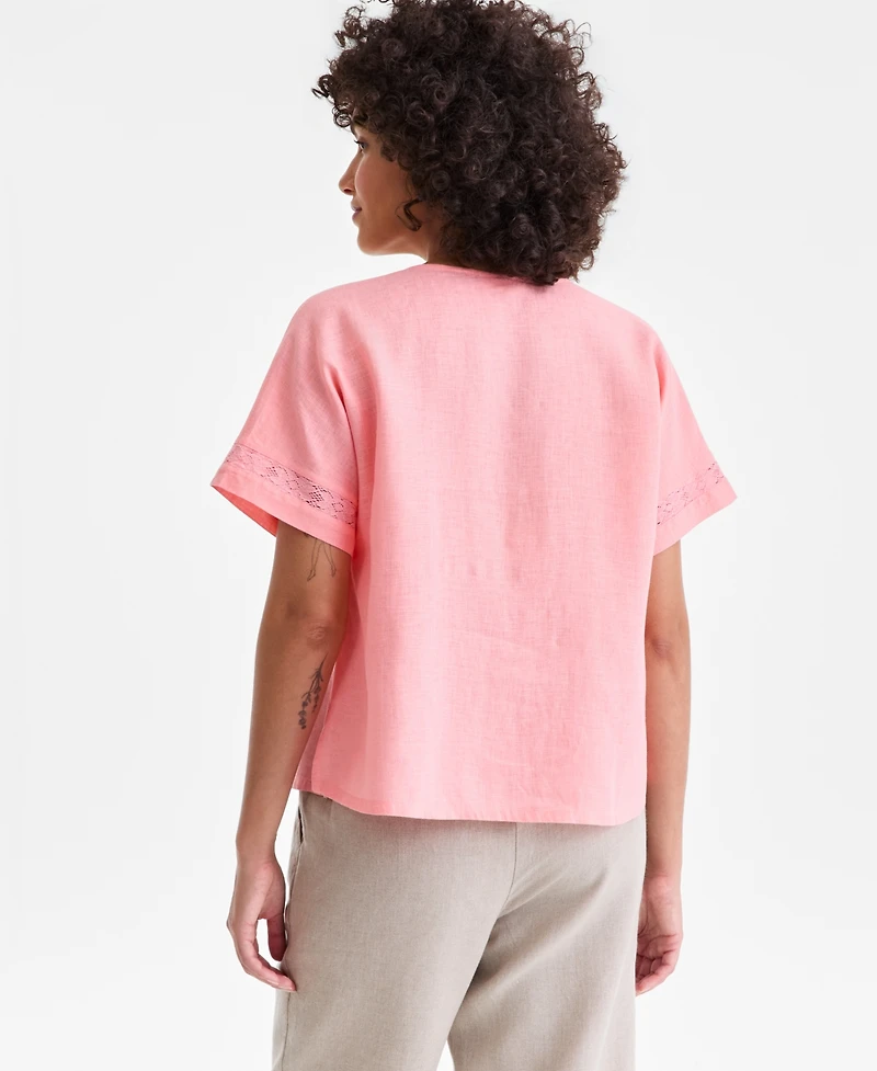 Charter Club Women's 100% Linen Eyelet-Trim Short-Sleeve Top, Macy's Exclusive