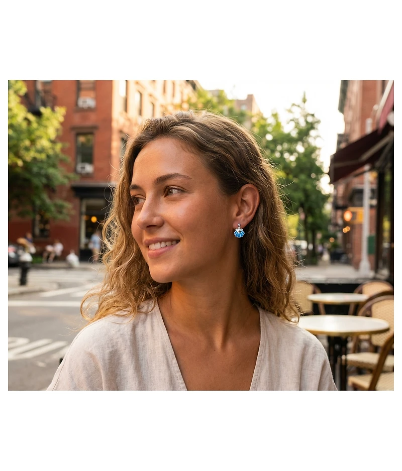 Bling Jewelry Created Blue Opal Hawaiian Nautical Tropical Beach Vacation Mollusks Clam Dangling Drop Stud Earrings Marine Life .925 Sterling Silver