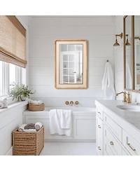 LuxenHome Rounded Rectangle Decorative Wall Mirror, 35" Rubberwood Frame with Pu Leather Accent