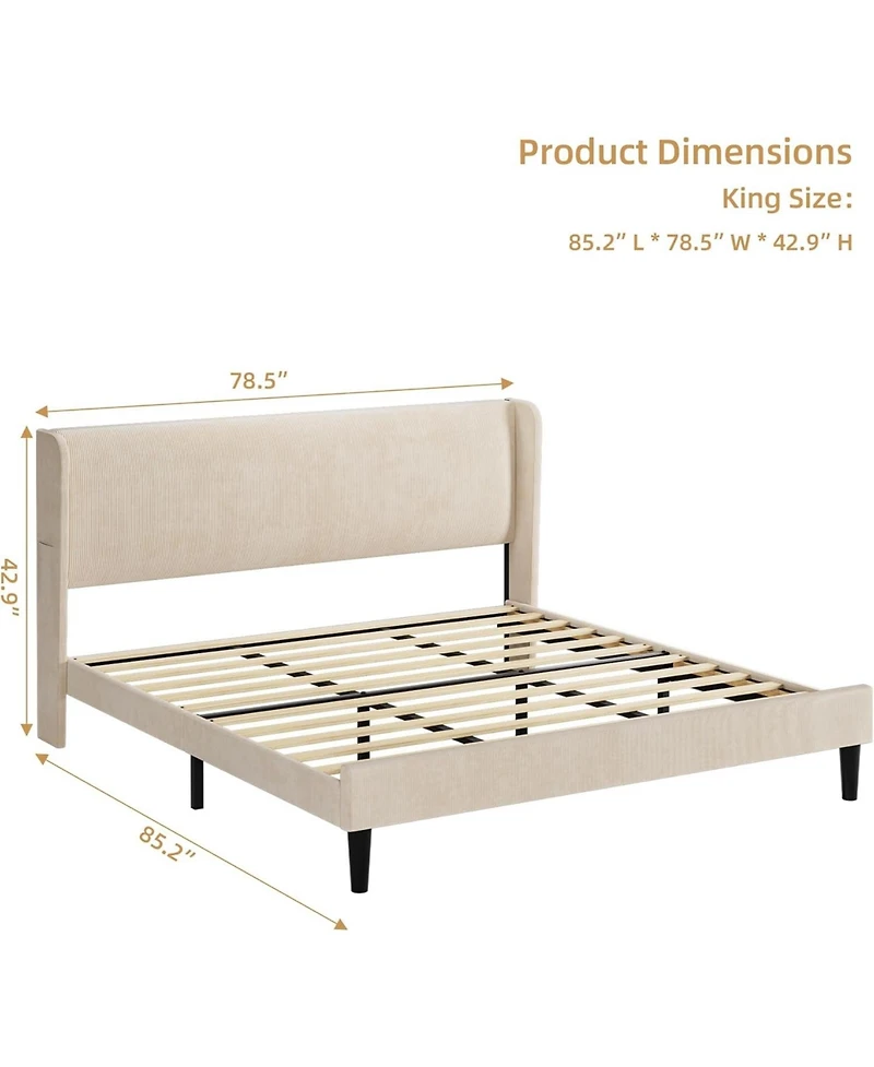gaomon Assile Upholstered Bed Frame King with Wingback headboard, Platform Bed Frame with Headboard, Wood Slats Support, Noise Free