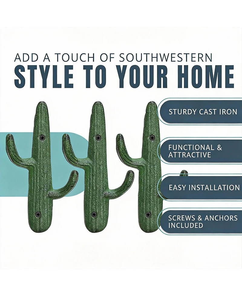 Yigii Set of 3 Rustic Cactus Cast Iron Wall Hooks for Coats, Bags, Towels - Easy Install