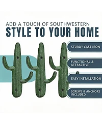 Yigii Set of 3 Rustic Cactus Cast Iron Wall Hooks for Coats, Bags, Towels - Easy Install