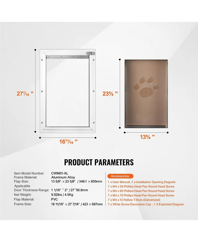 Xl Pet Door with Aluminum Frame and Lock, 16.65" x 27.44", Weatherproof Flap Design