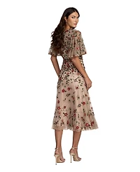 Draft - Mac Duggal Women's Floral Embellished Flutter Sleeve Midi Dress