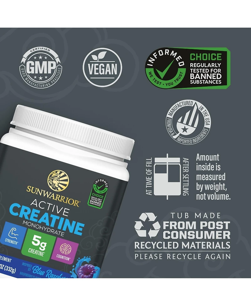 Sunwarrior micronized creatine monohydrate for muscle building, strength, recovery, and cognition; keto friendly